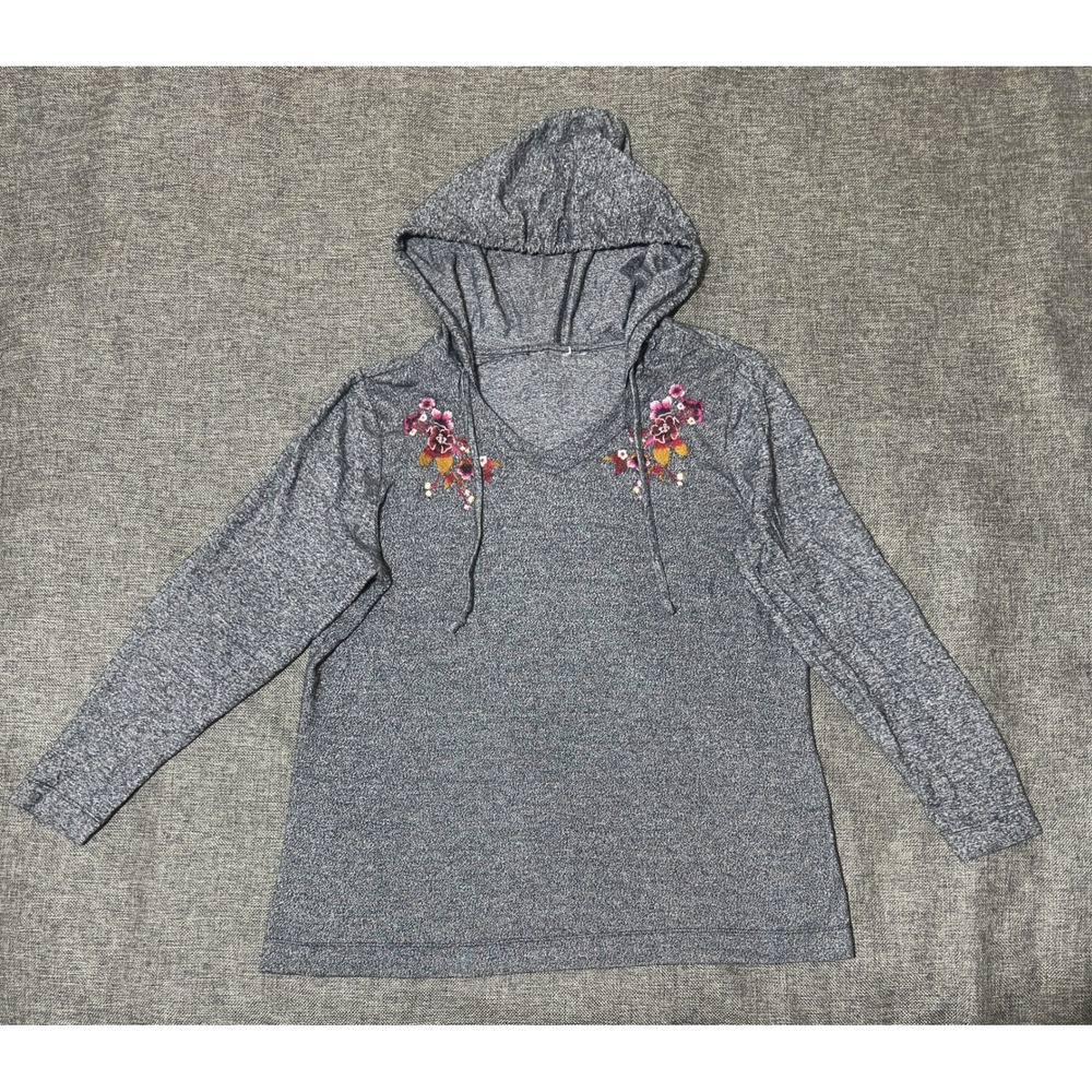 Christopher & Banks Womens XL Hoodie Gray Floral Embroidered Pullover Top